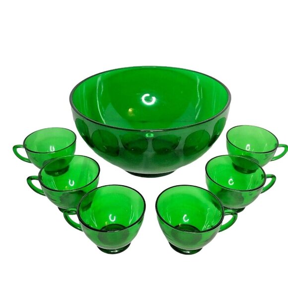 Vintage Anchor Hocking Anchorglass Forest Green Glass Punch Bowl Set With 6 Cups - Picture 1 of 7